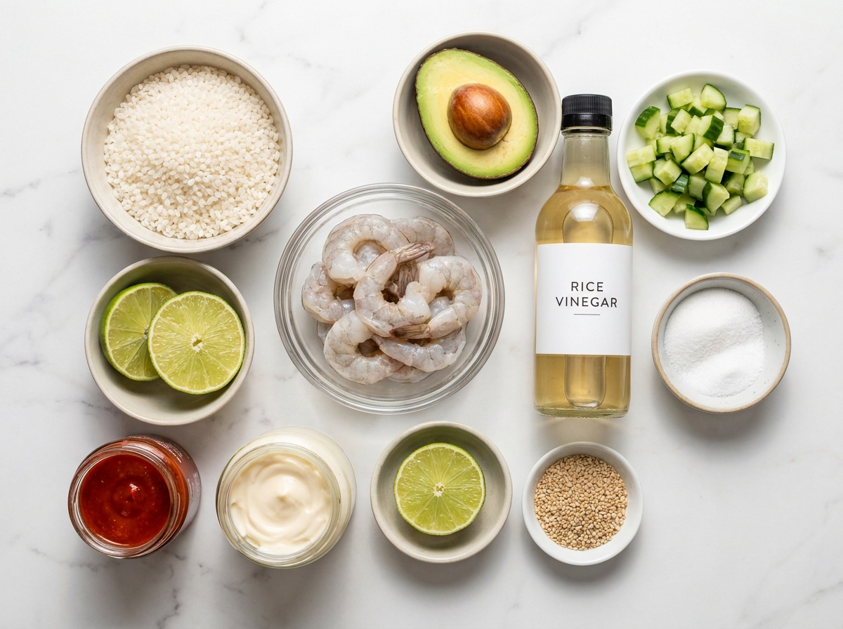 Raw ingredients for spicy shrimp sushi stacks on a marble counter