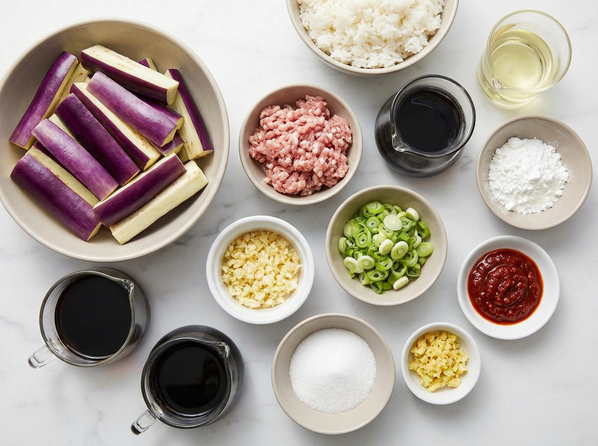 Eggplant, pork mince, garlic, ginger, scallions, and Sichuan sauce ingredients