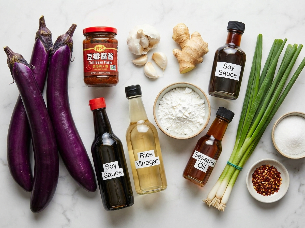 Raw ingredients for spicy Sichuan eggplant including eggplant, doubanjiang, garlic, ginger, and scallions