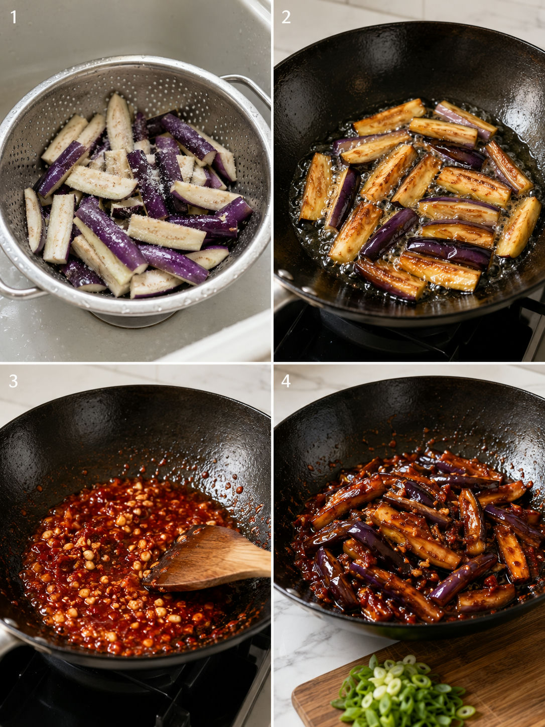 Four cooking steps for Sichuan eggplant: salting, frying, blooming doubanjiang, and tossing in sauce