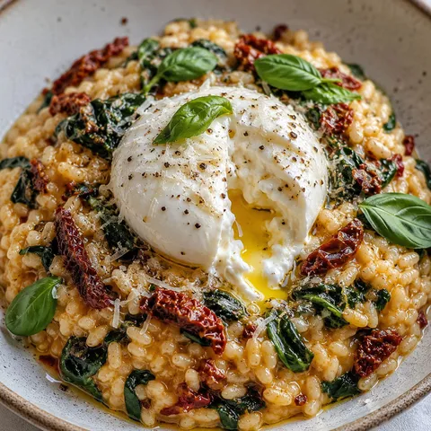 Spinach sun-dried tomato risotto with melting burrata and basil