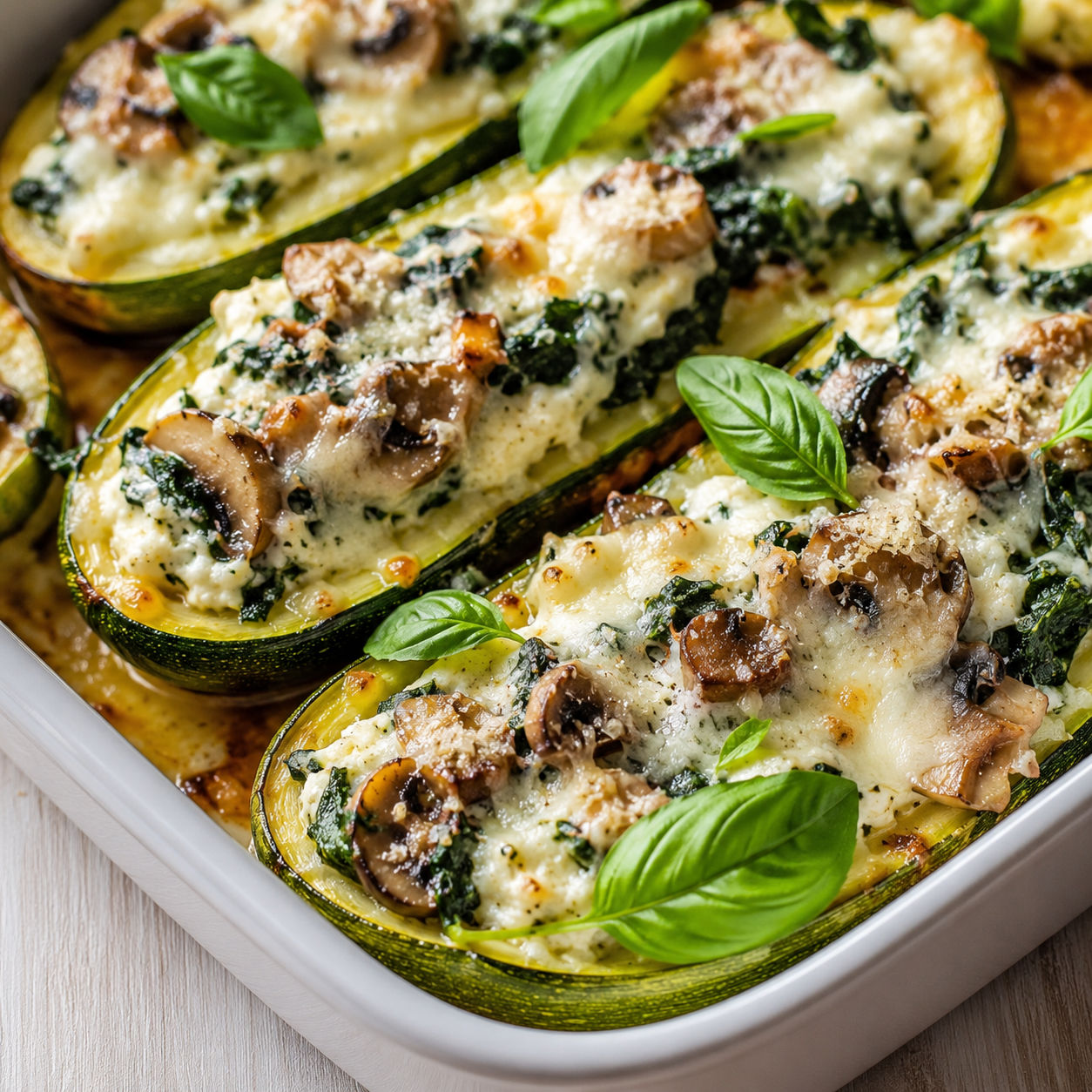 Ricotta stuffed zucchini boats with spinach, mushrooms, mozzarella, and basil