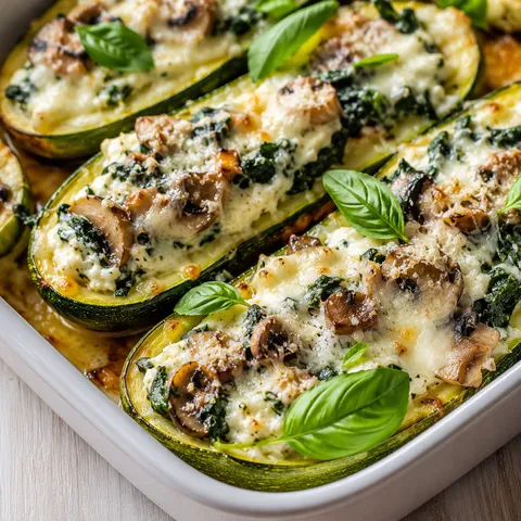 Ricotta stuffed zucchini boats with spinach, mushrooms, mozzarella, and basil