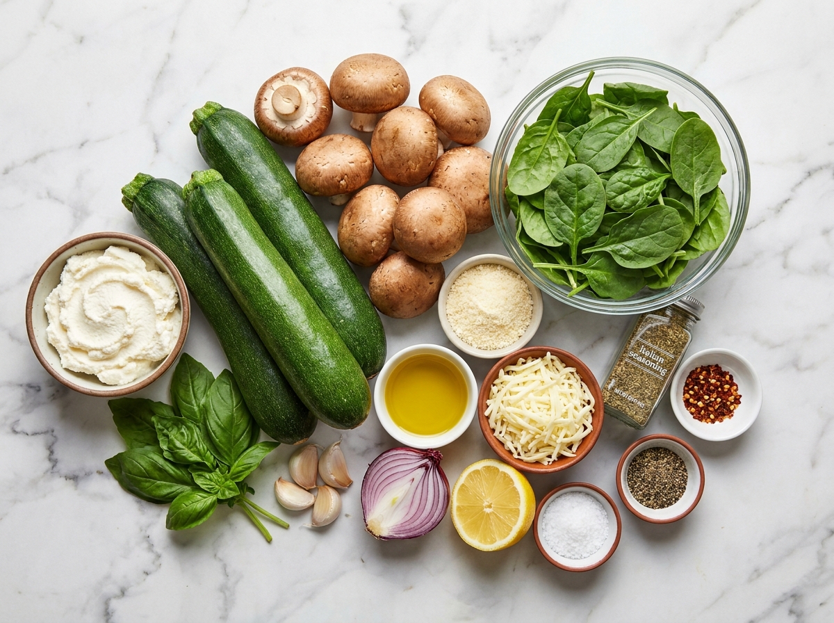 Zucchini, spinach, mushrooms, ricotta, cheeses, basil, garlic, and lemon