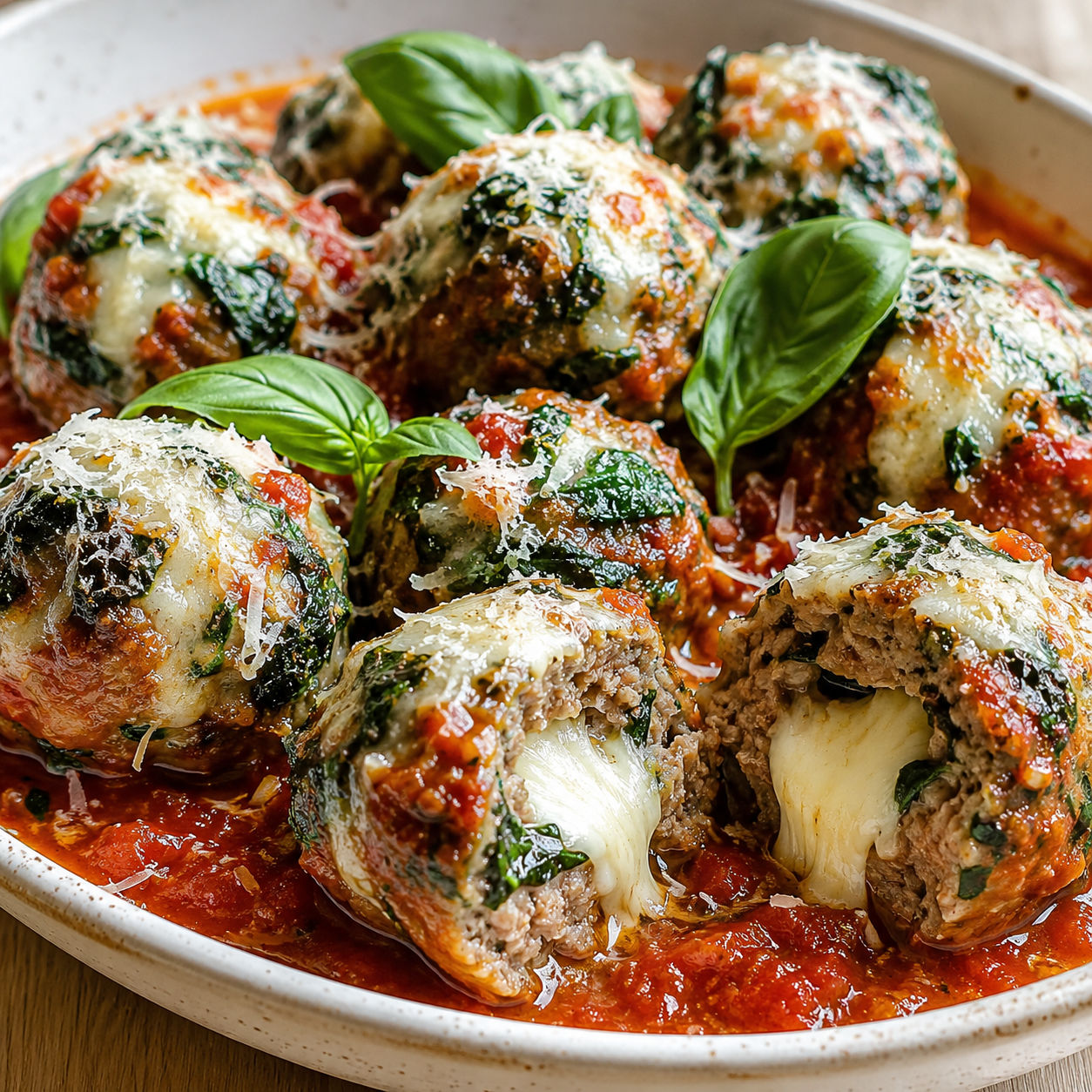 Spinach garlic meatballs in marinara with melted mozzarella center