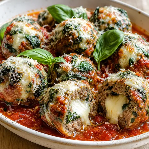Spinach garlic meatballs in marinara with melted mozzarella center