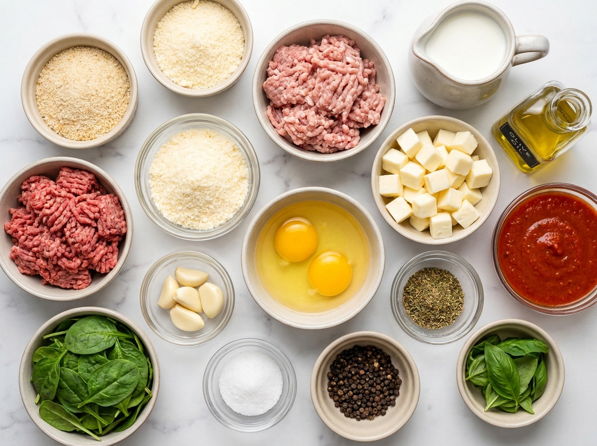 Ingredients for spinach garlic mozzarella meatballs on a stone counter
