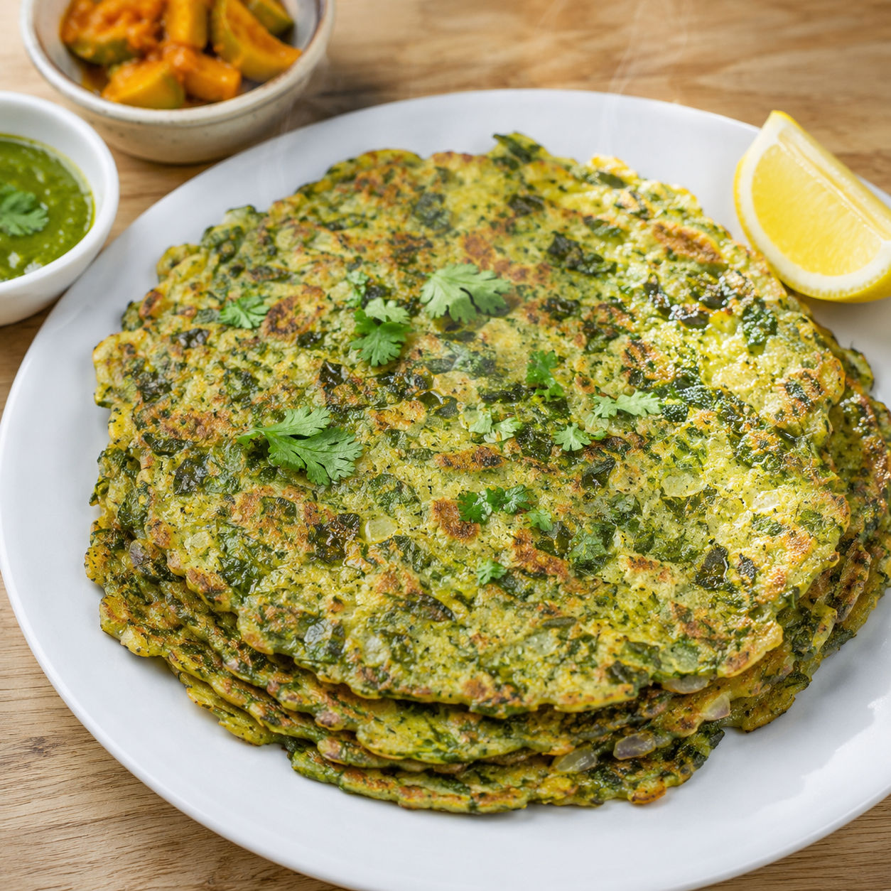 Spinach puda stacked with cilantro, lemon, chutney, and pickle