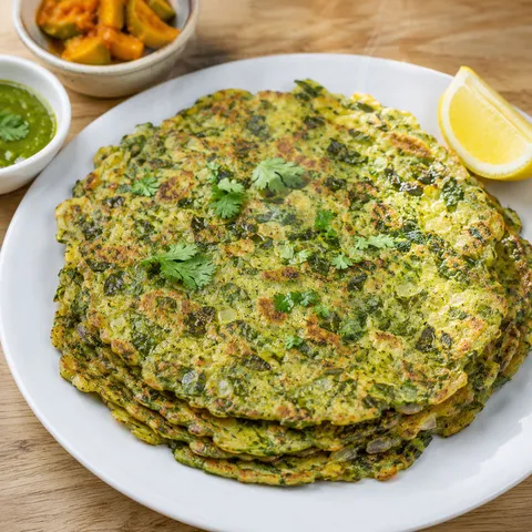 Spinach puda stacked with cilantro, lemon, chutney, and pickle