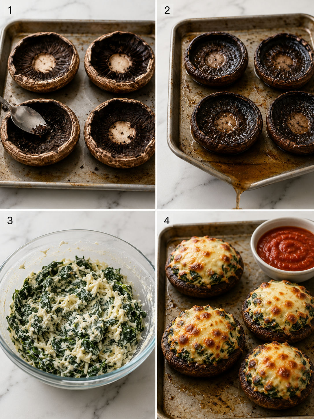 Four steps for making spinach and cheese stuffed portobello mushrooms