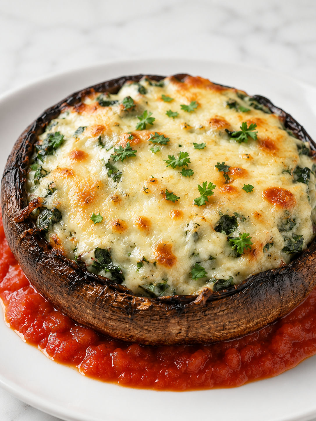 Cheesy spinach stuffed portobello mushroom with browned top and marinara