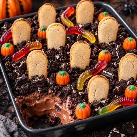 Halloween graveyard dirt cake with cookie tombstones and gummy worms