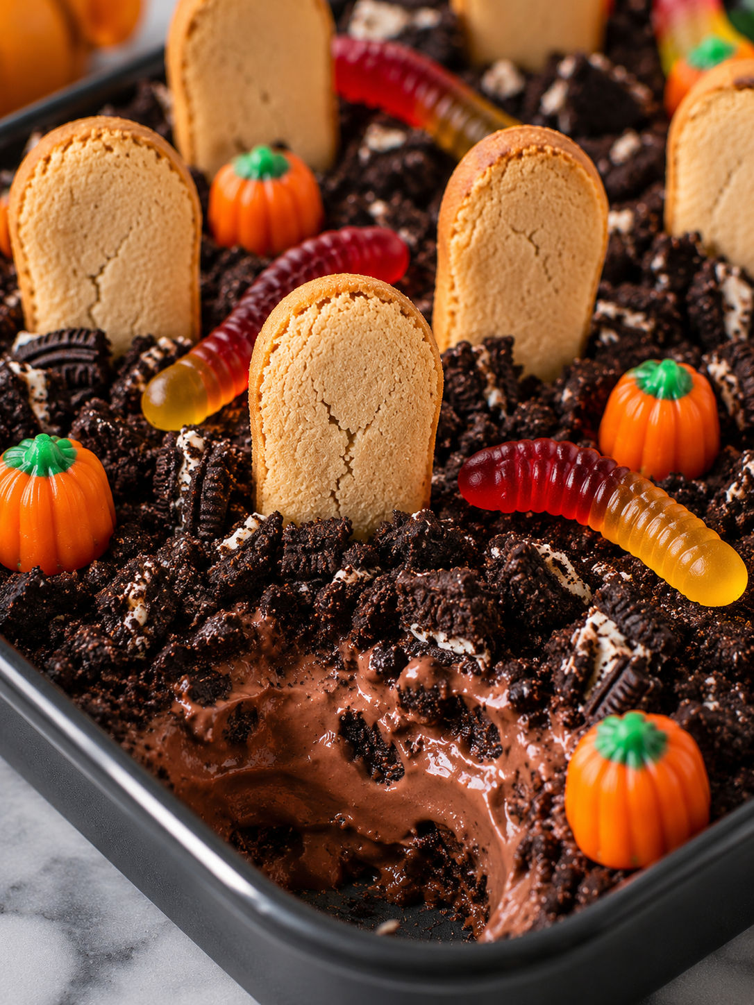 Spooky Halloween Graveyard Dirt Cake, plated and served