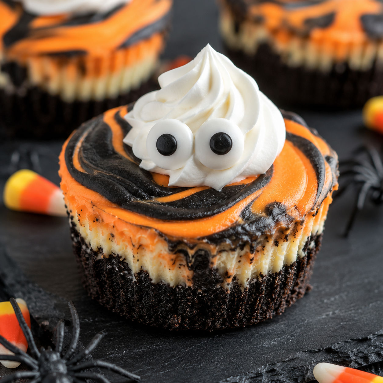 Spooky mini Halloween cheesecake with orange swirl and candy eyes on a black slate