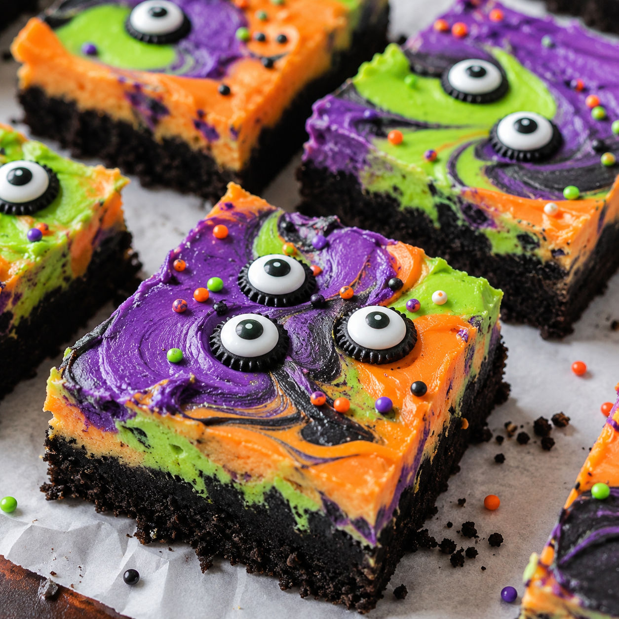 Halloween cheesecake bars with colorful swirls, candy eyes, and sprinkles