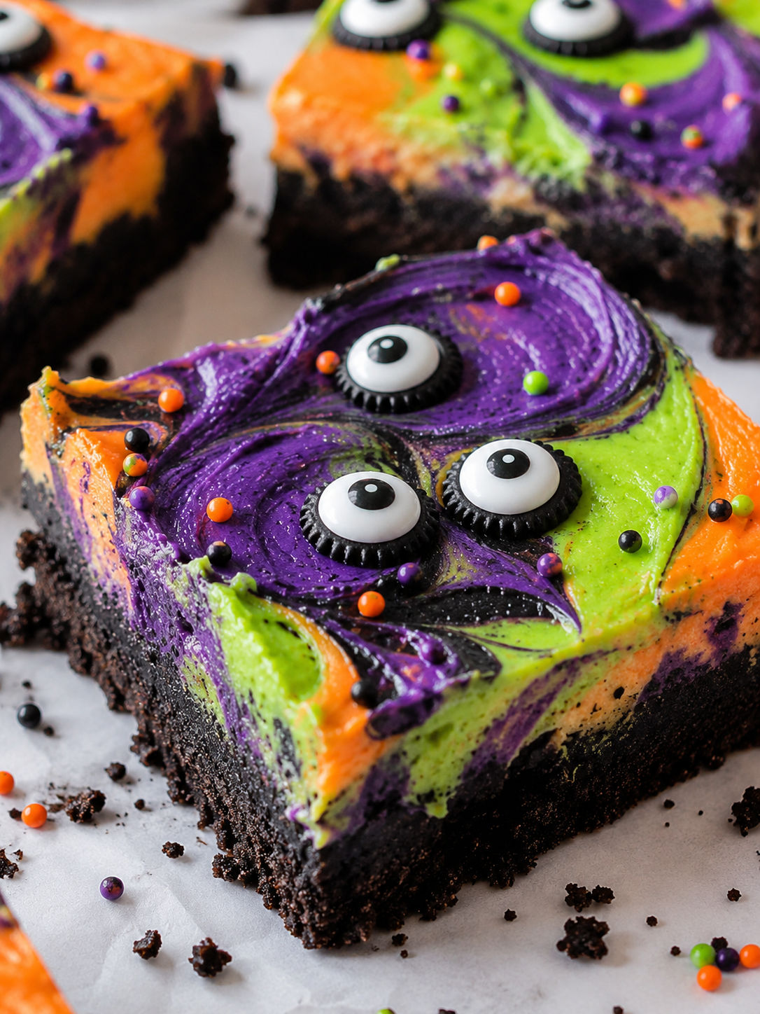 Spooky Monster Mash Halloween Cheesecake Bars, plated and served