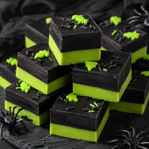 Stacked squares of green and black layered poison apple fudge on dark slate