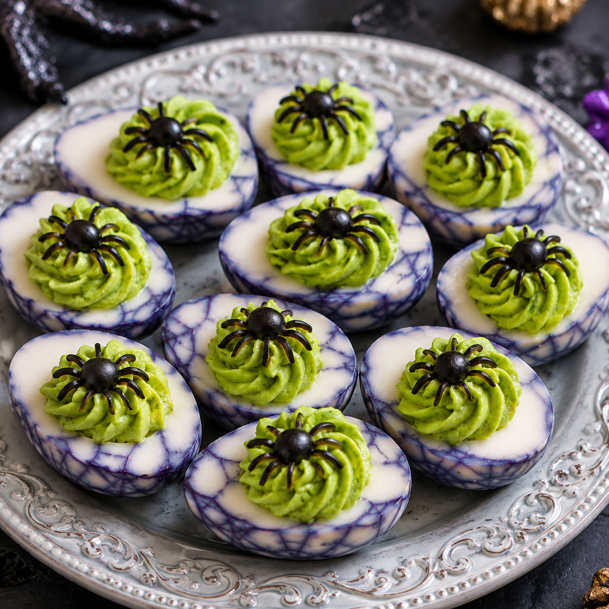 Spooky spiderweb deviled eggs with green filling and black olive spiders