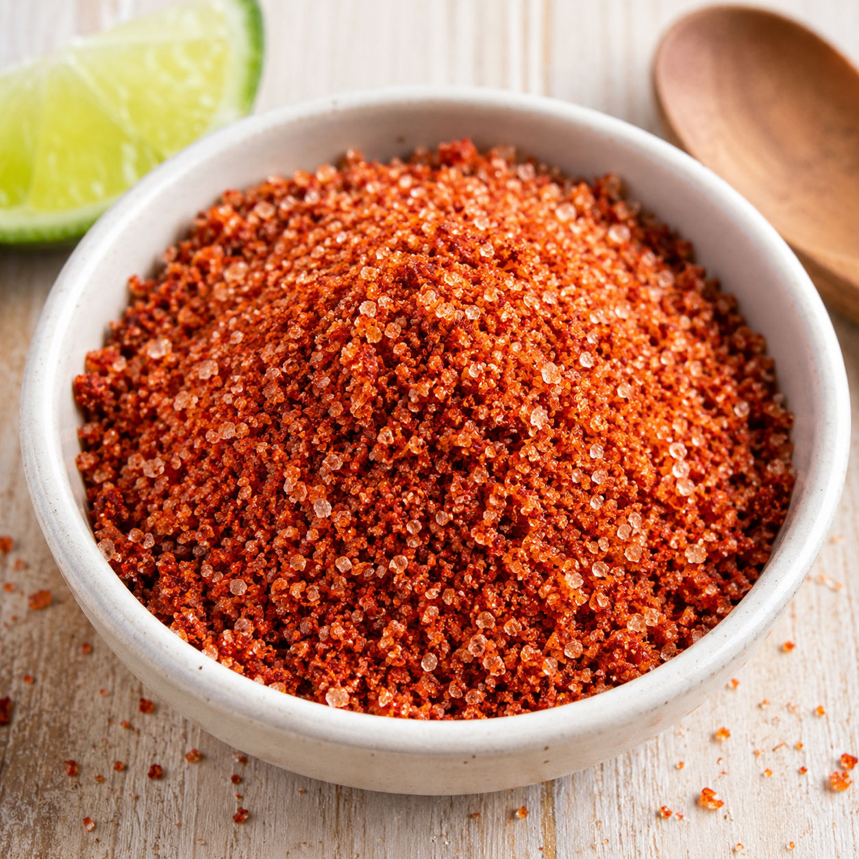 Ruby-red Sriracha Salt in a small white bowl with scattered grains