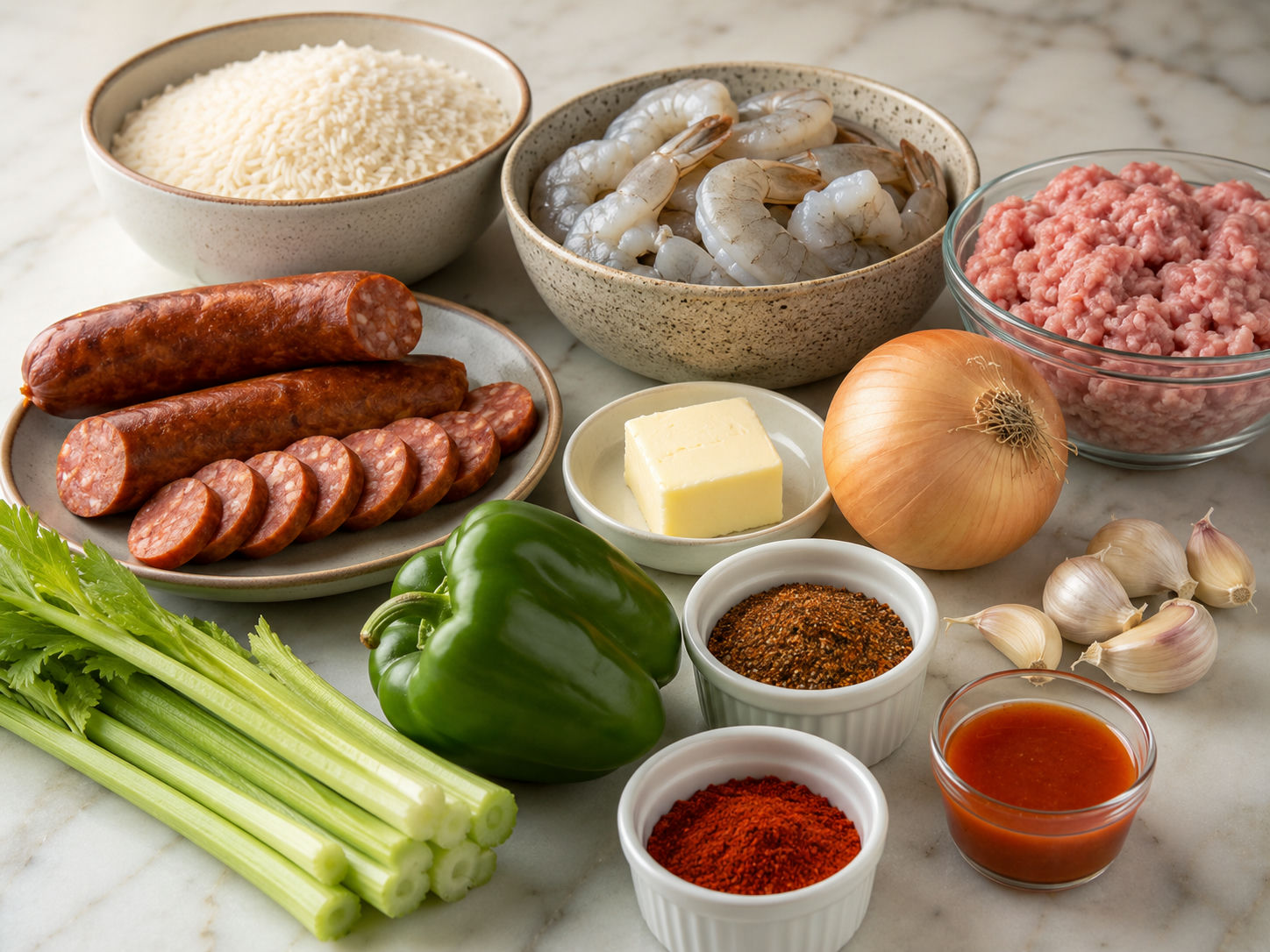 Ingredients for Stacked Shrimp Dirty Rice laid out