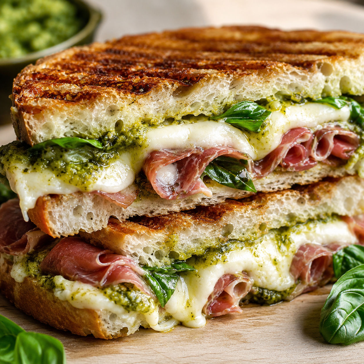 Italian grilled sandwich with pesto, prosciutto, mozzarella, and basil
