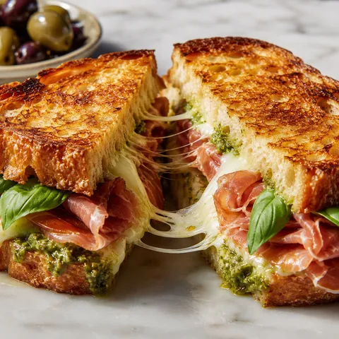 Pesto prosciutto sandwich with melted mozzarella on toasted sourdough