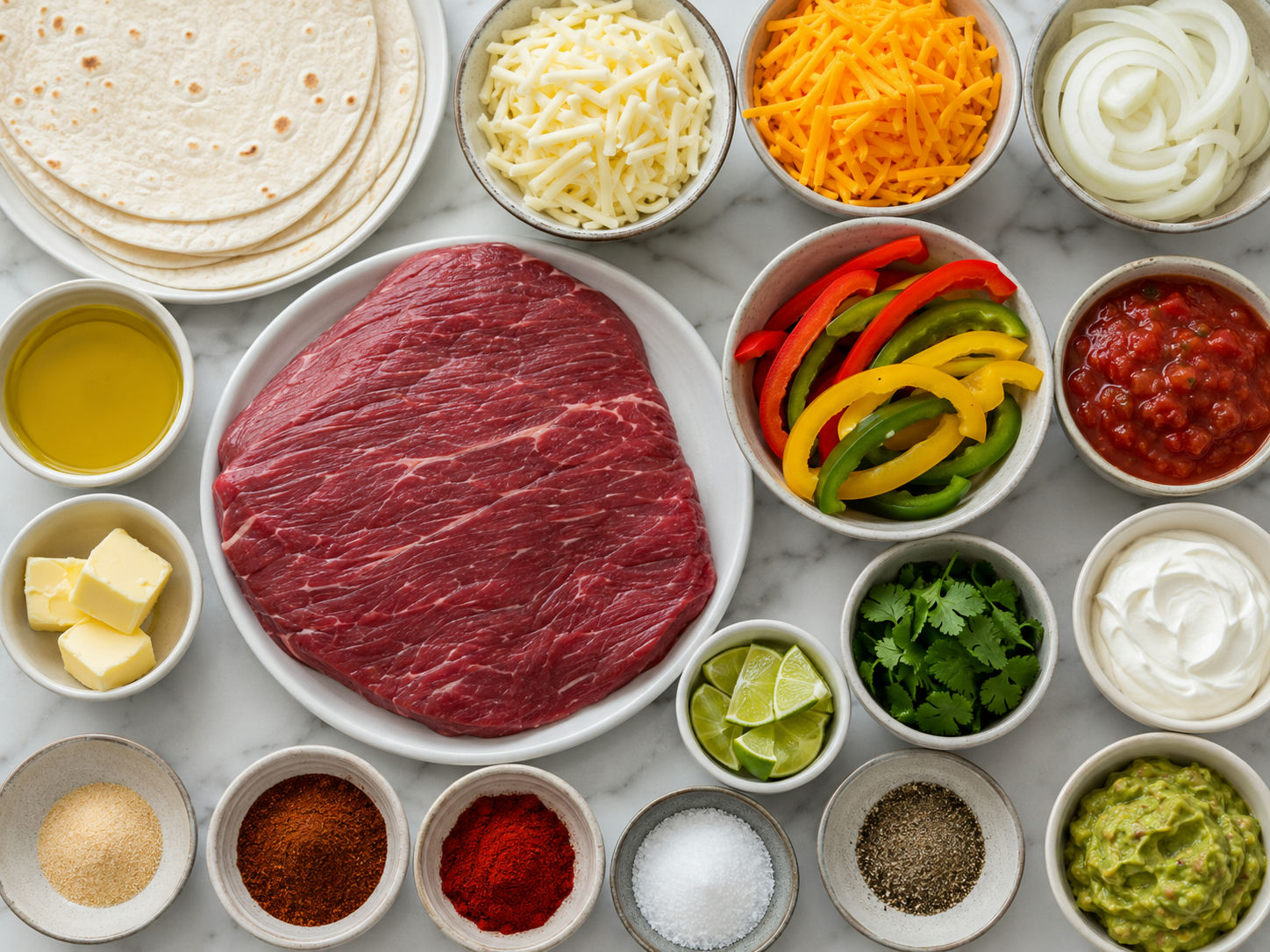 Ingredients for steak and cheese quesadillas with tortillas, steak, peppers, and cheese