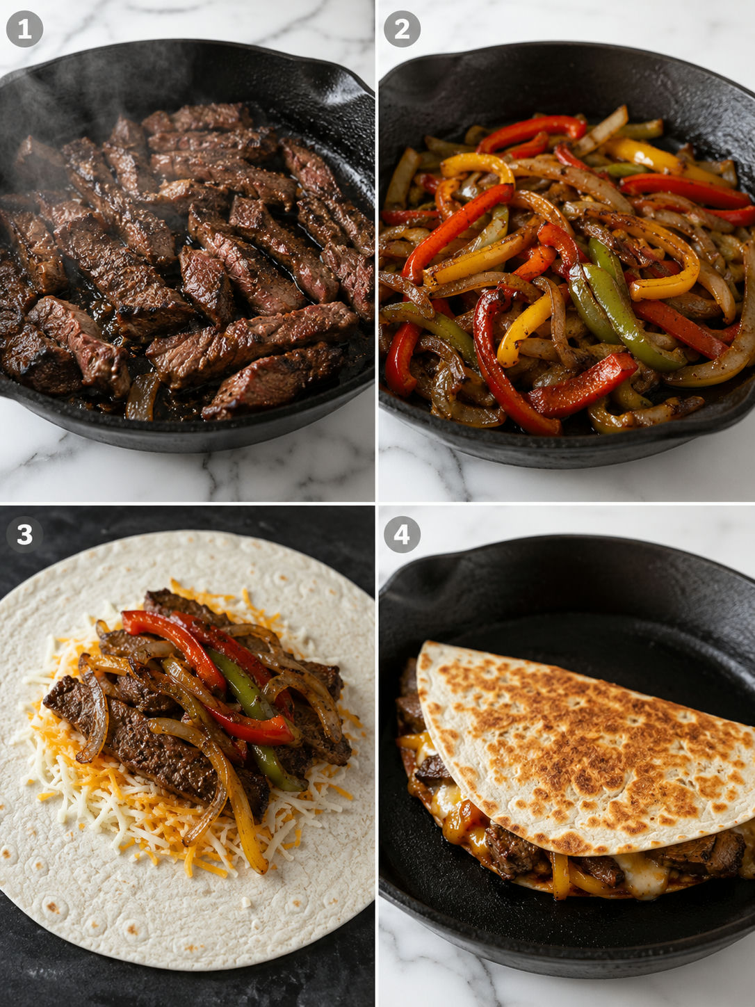 Four steps for making steak and cheese quesadillas in a skillet