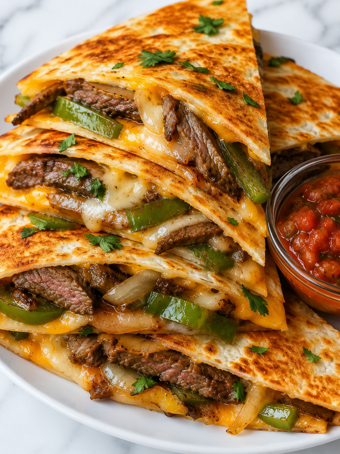 Golden steak and cheese quesadilla wedges with melted cheese and salsa