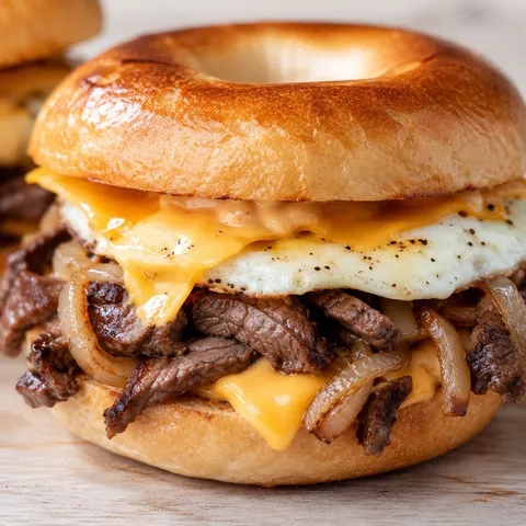 Steak, egg, and cheese bagel with grilled onions and melted cheese