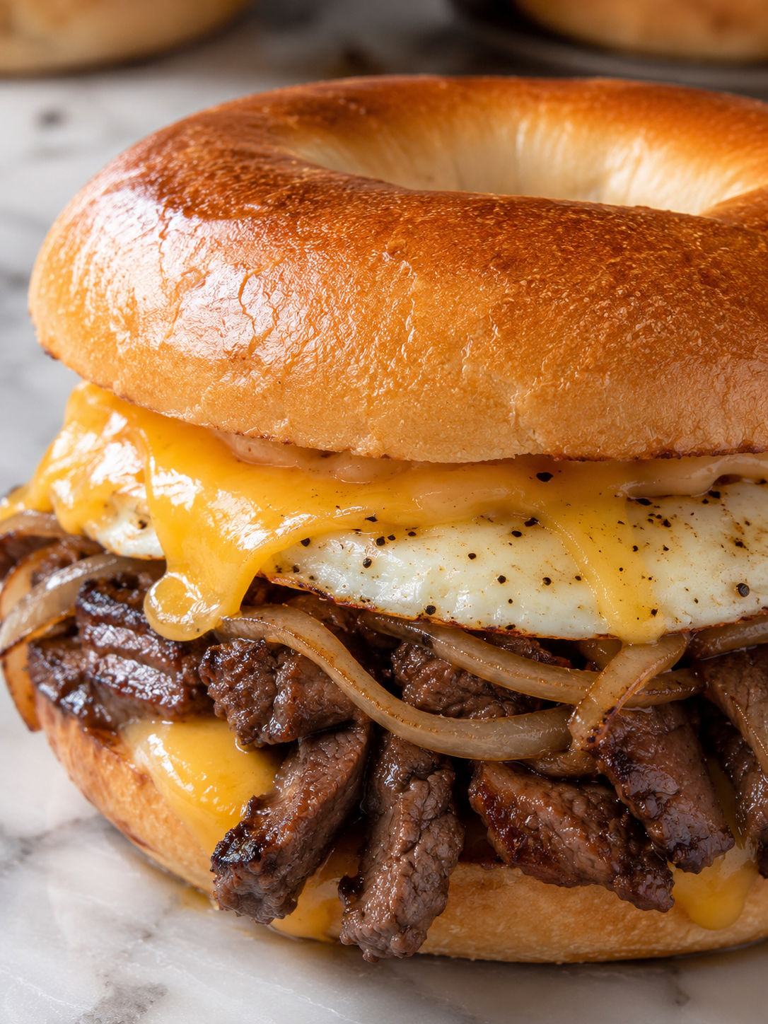 Steak, Egg, and Cheese Bagel, plated and served