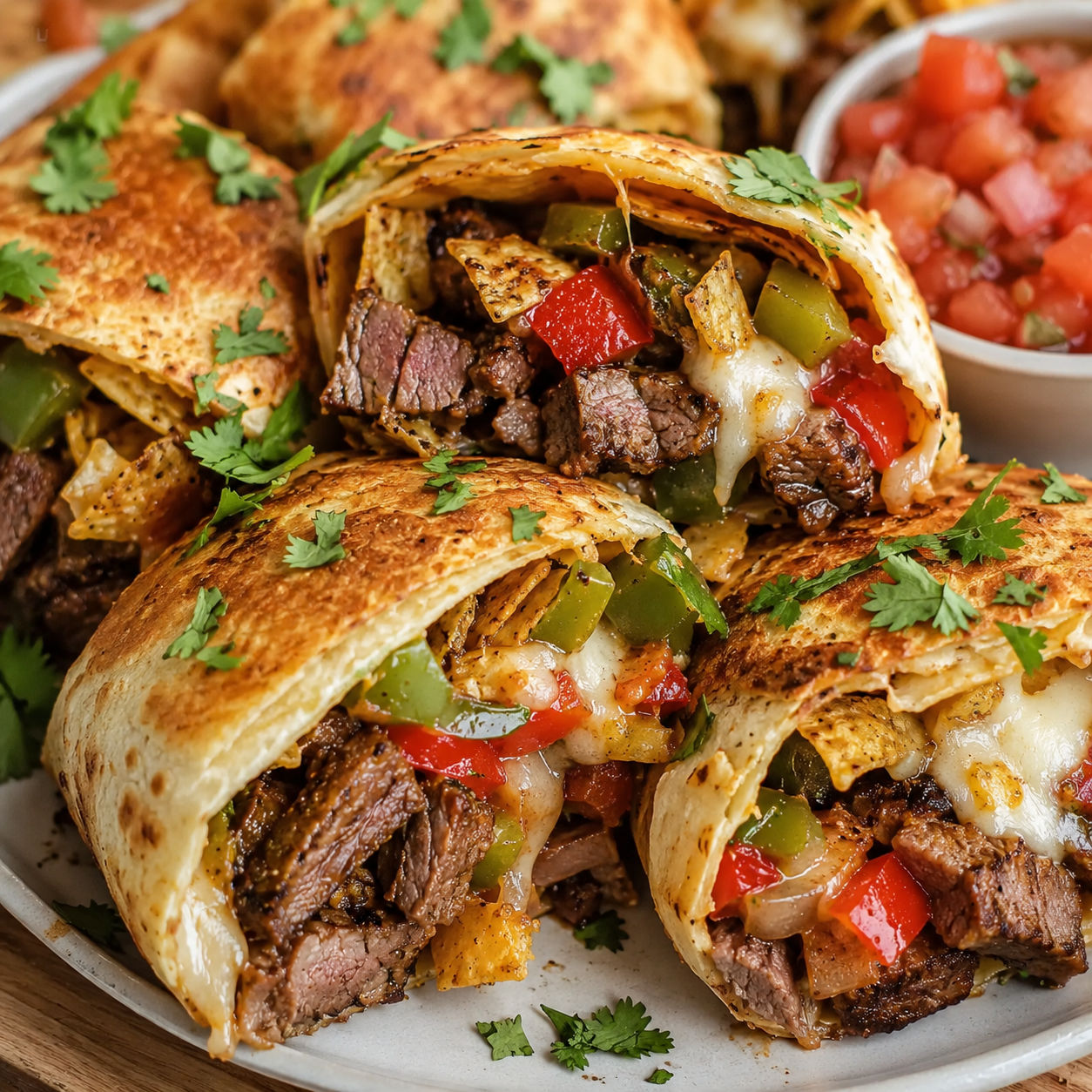 Steak fajita crunch bombs with melted cheese, peppers, and cilantro