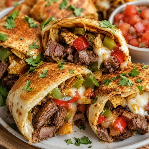 Steak fajita crunch bombs with melted cheese, peppers, and cilantro