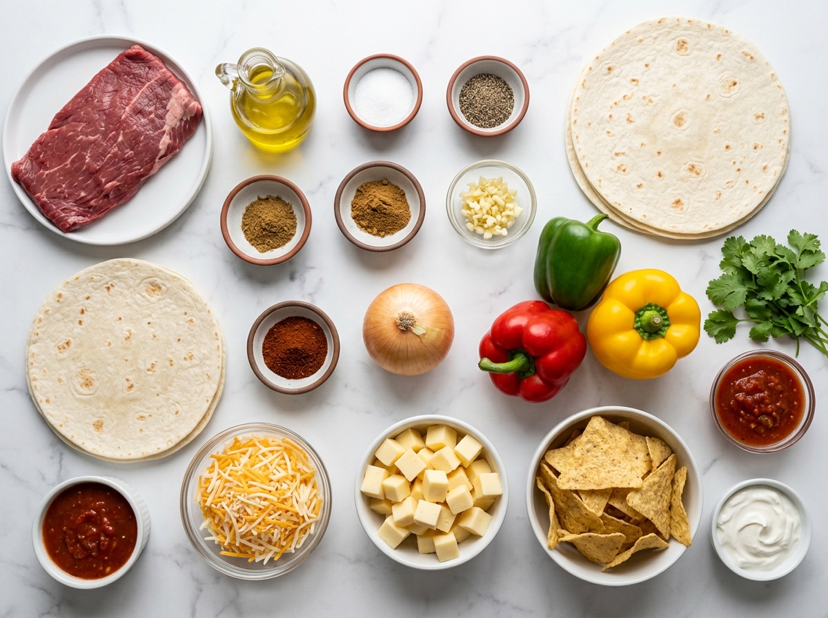Ingredients for steak fajita crunch bombs with steak, peppers, cheese, and tortillas