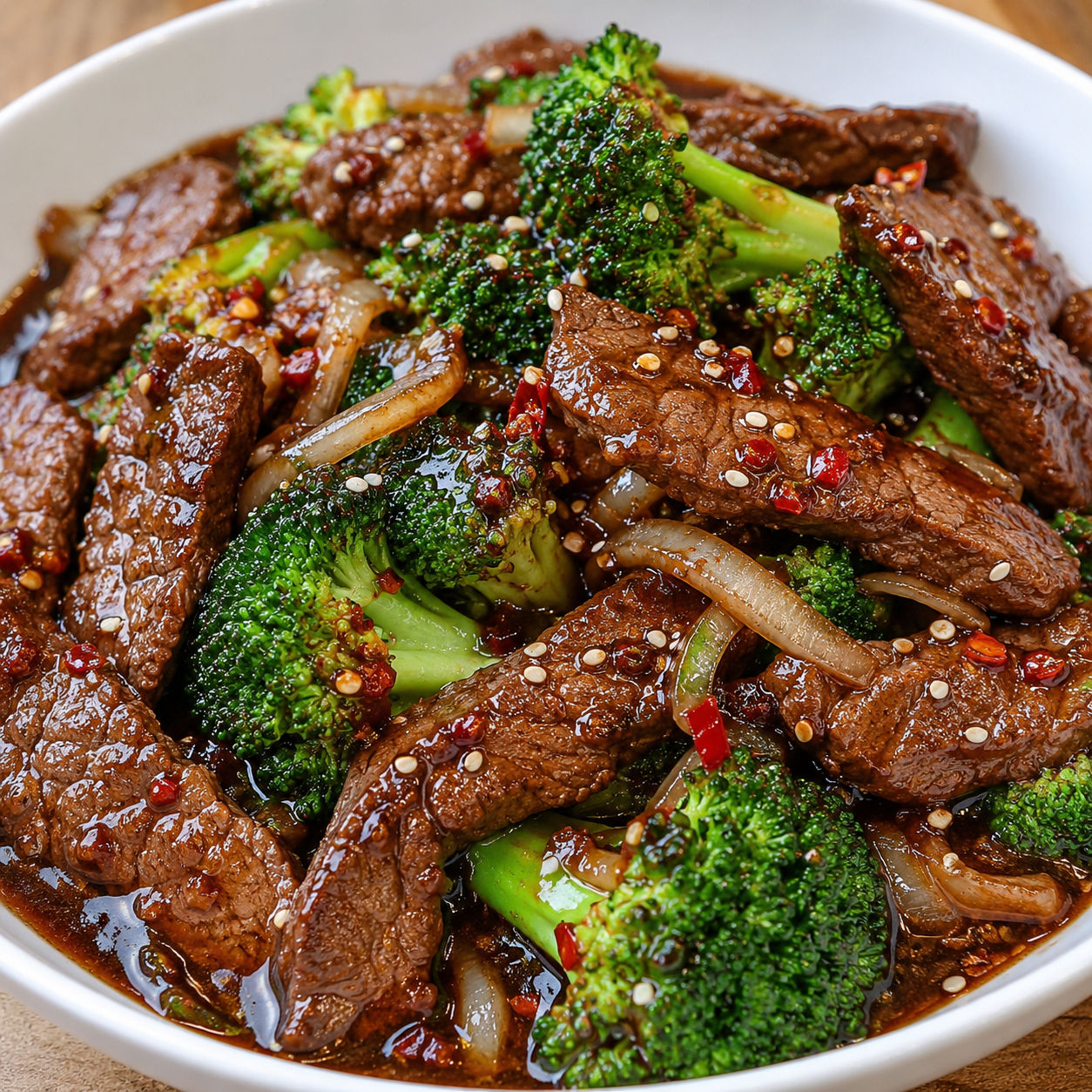 Steak and broccoli with glossy chili hoisin glaze in a white bowl