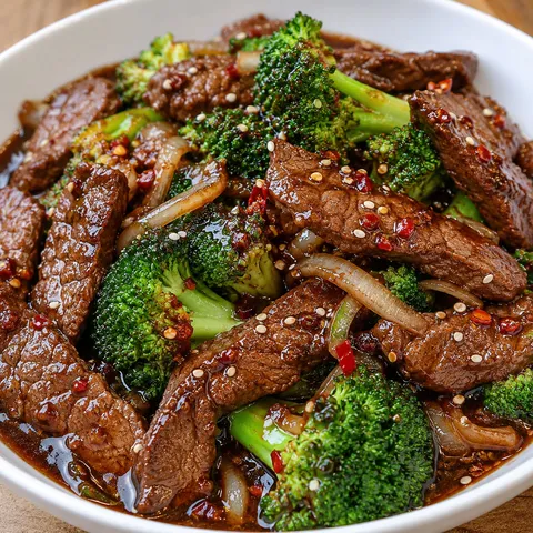 Steak and broccoli with glossy chili hoisin glaze in a white bowl