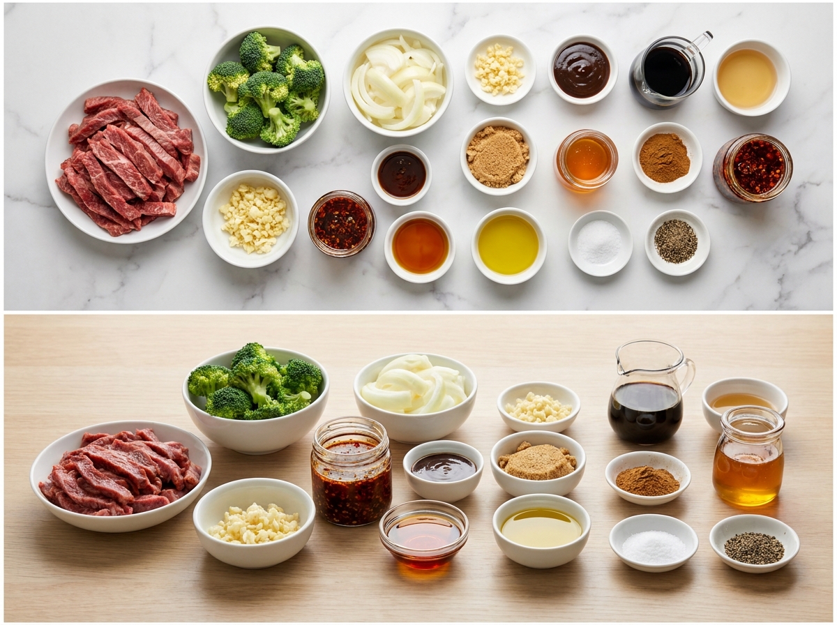 Raw steak, broccoli, hoisin sauce, chili crisp, and aromatics for stir fry
