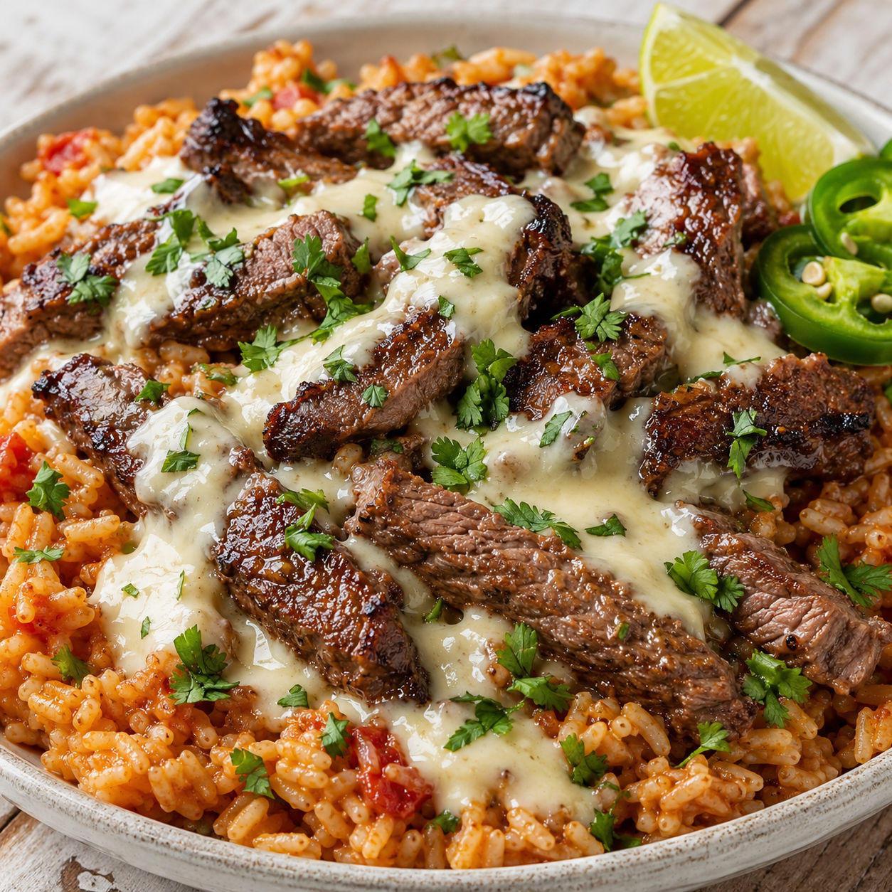 Steak and queso rice with cilantro, lime, and warm white queso