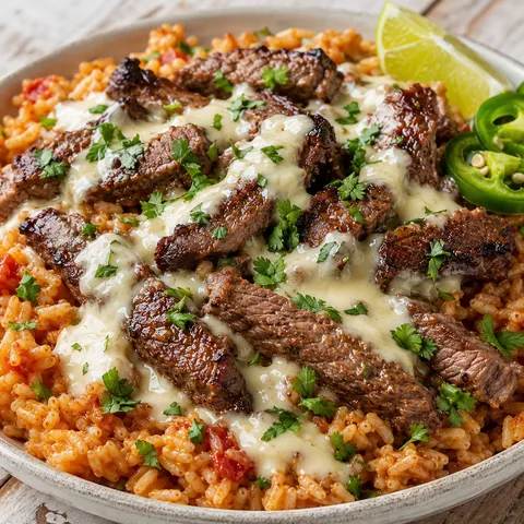 Steak and queso rice with cilantro, lime, and warm white queso