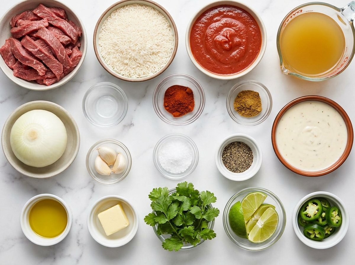 Ingredients for steak and queso rice with sirloin, rice, queso, and lime