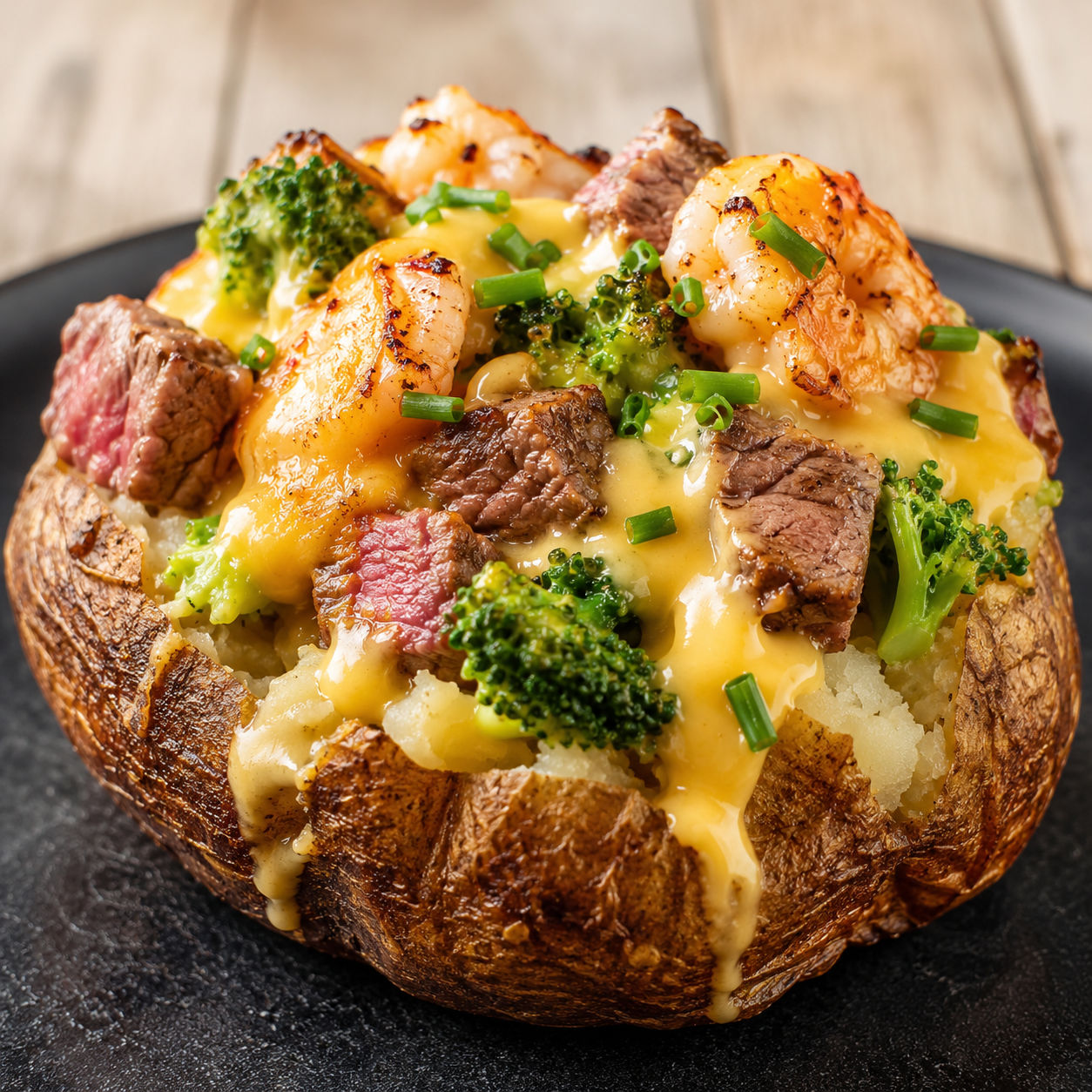 Steak and shrimp stuffed baked potato with broccoli and cheese sauce
