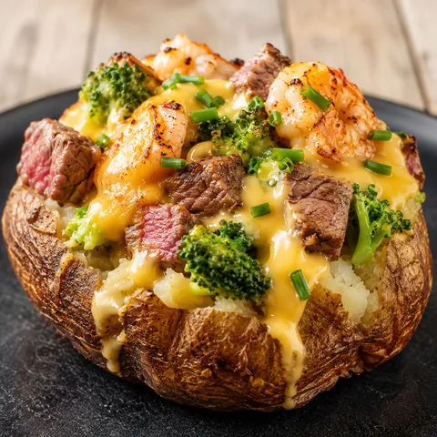 Steak and shrimp stuffed baked potato with broccoli and cheese sauce