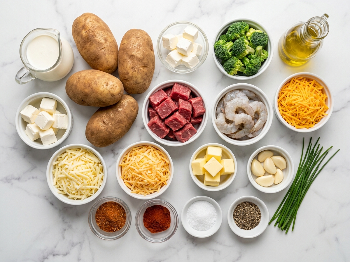 Ingredients for steak and shrimp stuffed baked potatoes with cheese sauce