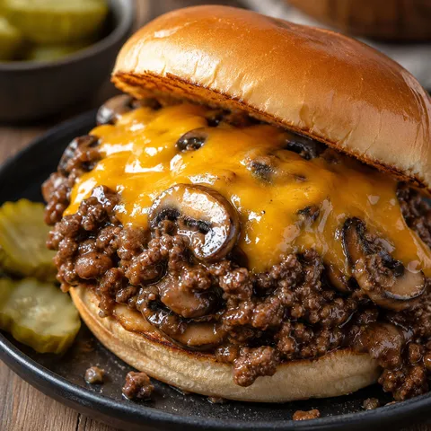 Steakhouse sloppy joe with cheddar, mushrooms, and a toasted bun
