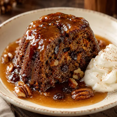 Steamed carrot pudding cake with glossy spiced rum sauce and pecans