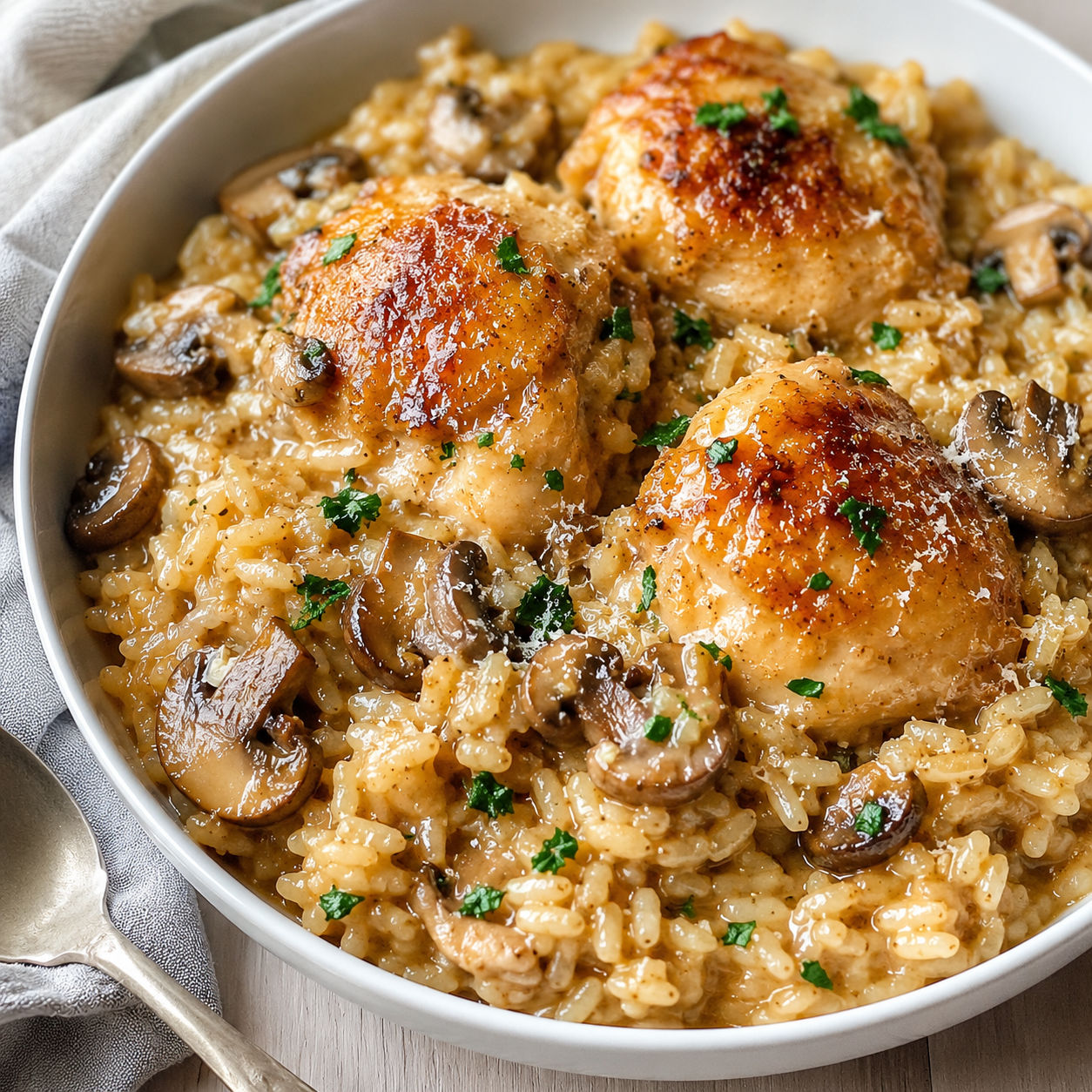 Stick of butter chicken rice with mushrooms and parsley in a white bowl