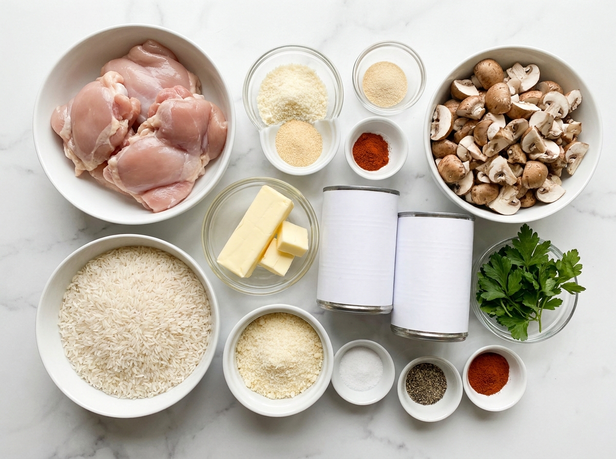 Raw chicken, rice, mushrooms, butter, cheese, spices, and parsley