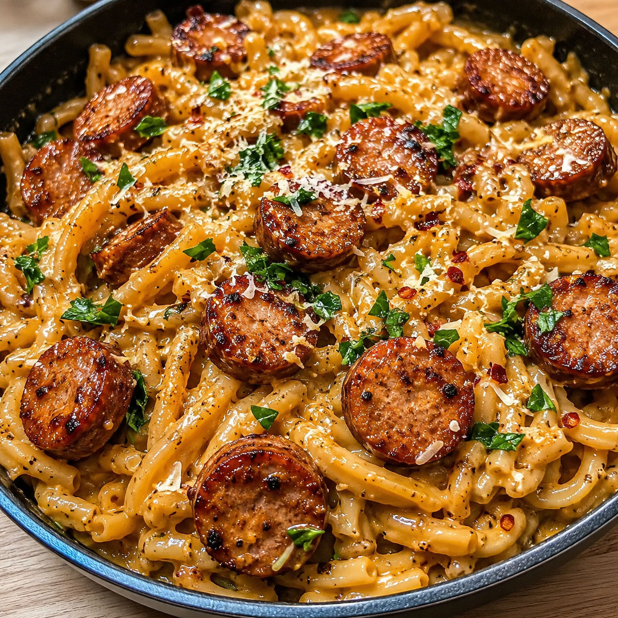 Honey garlic sausage pasta with creamy sauce in a skillet