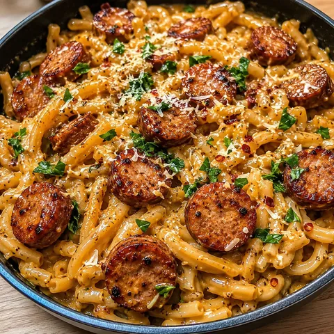 Honey garlic sausage pasta with creamy sauce in a skillet