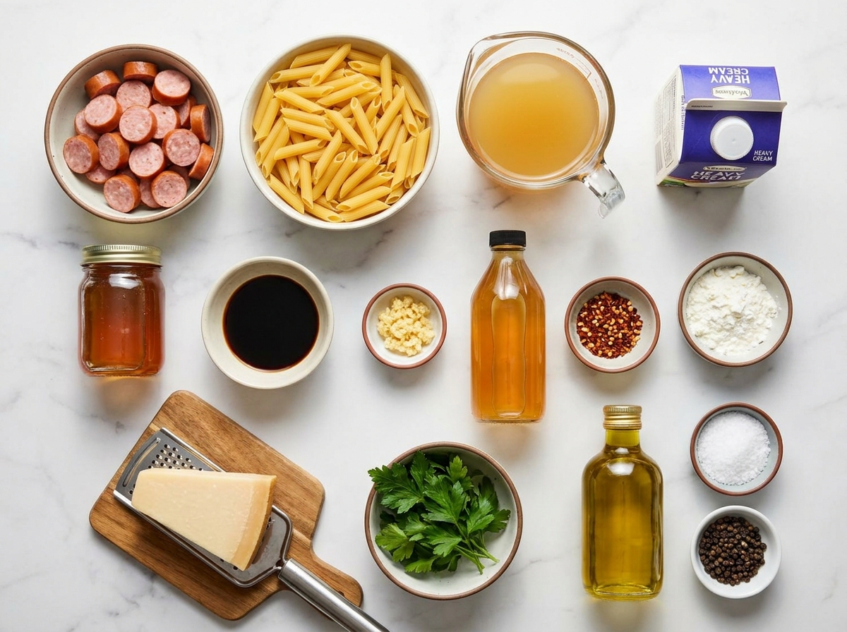 Ingredients for honey garlic sausage pasta with cream and Parmesan
